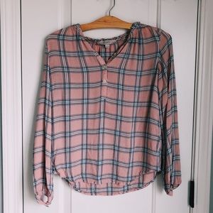 LOFT Pink Plaid Long Sleeve Top
